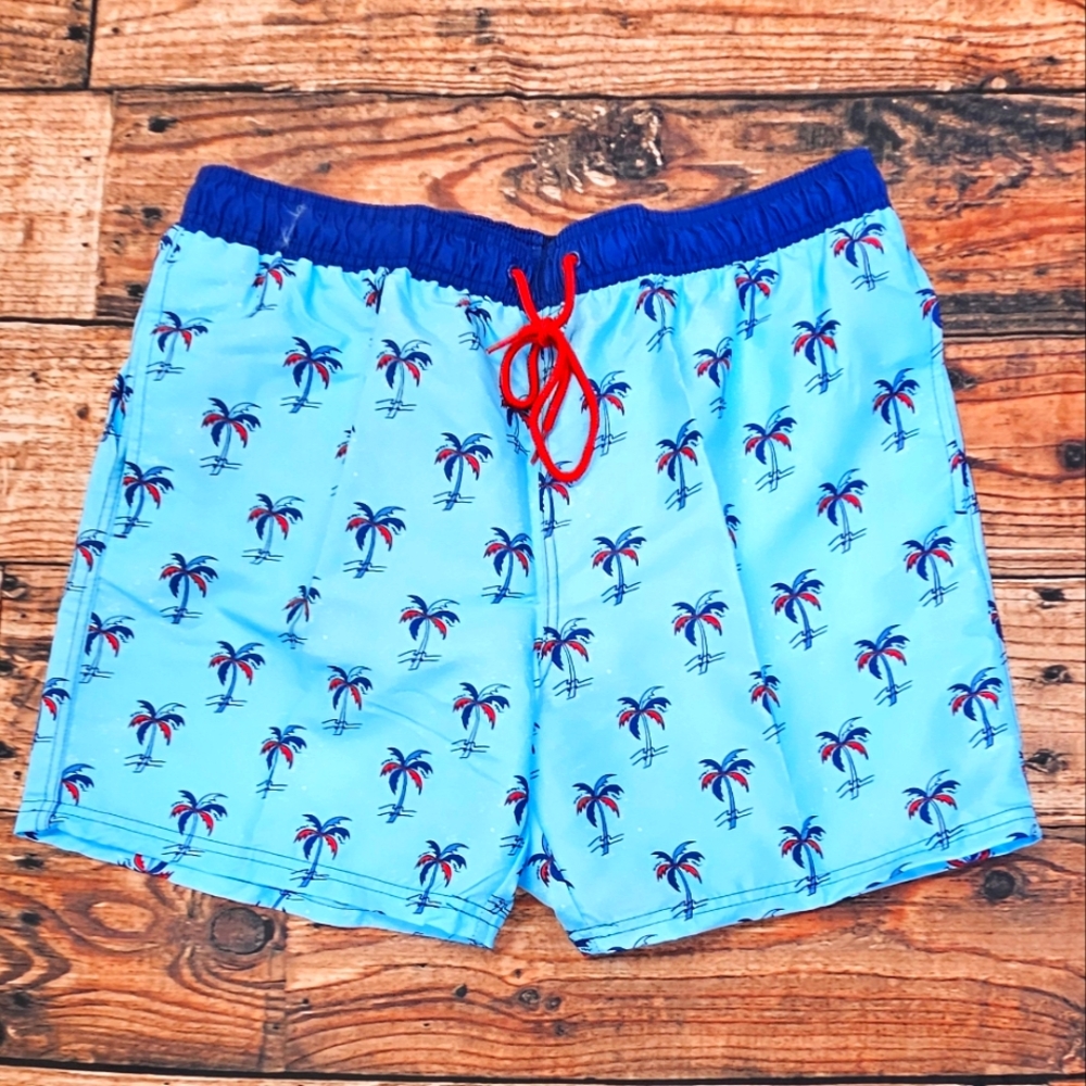 Way To Celebrate Men's Plam Trees Americana Print Swim Trunks Inseam 7"